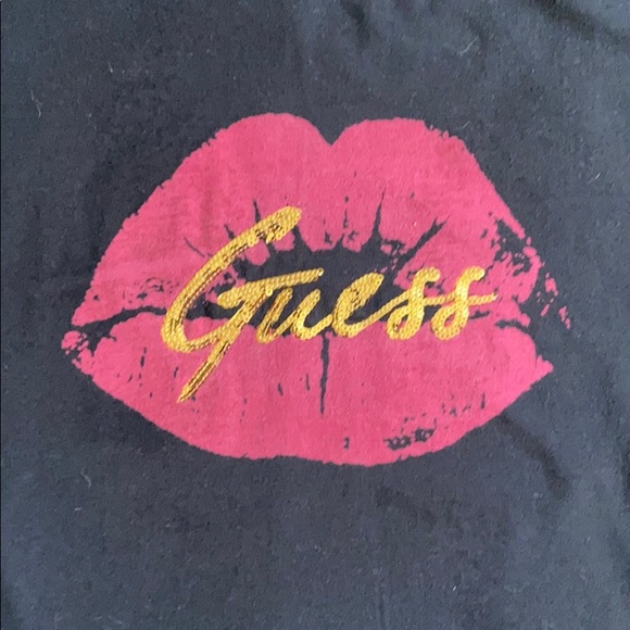 Guess Black T Shirt with Red Lips/Gold Sequence - Picture 2 of 3